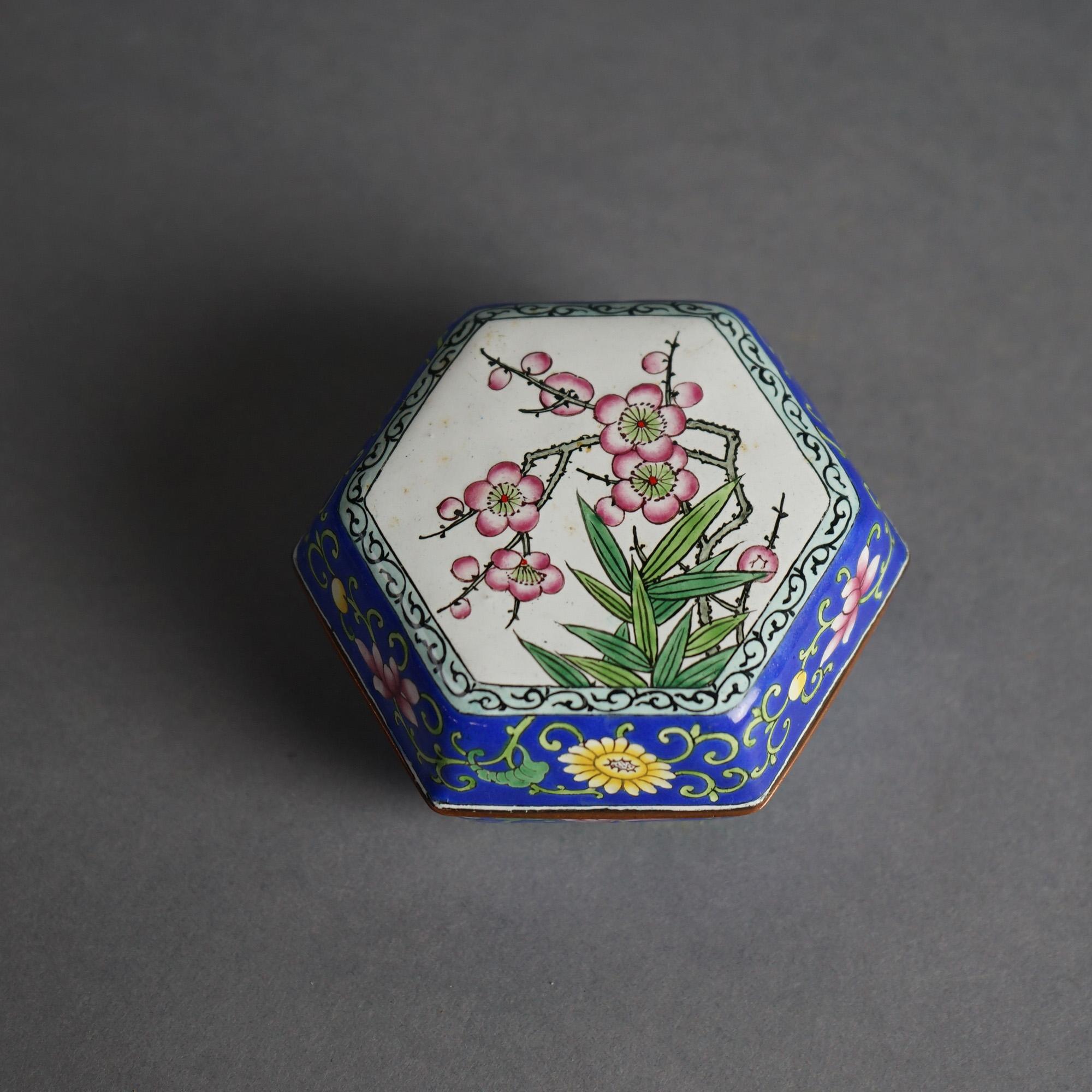 Metal Three Antique Chinese Floral Enameled Boxes C1920 For Sale