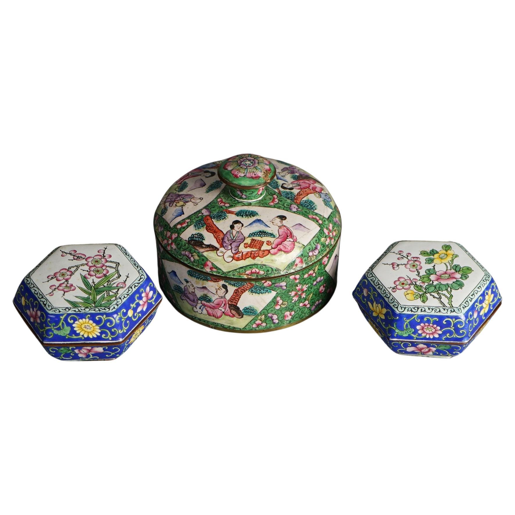 Three Antique Chinese Floral Enameled Boxes C1920 For Sale