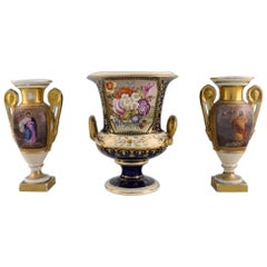 Three Antique Empire Vases in Hand-Painted Porcelain, 19th C