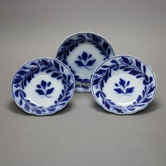 Three Antique English Davenport Porcelain Flow Blue Bowls, c1850