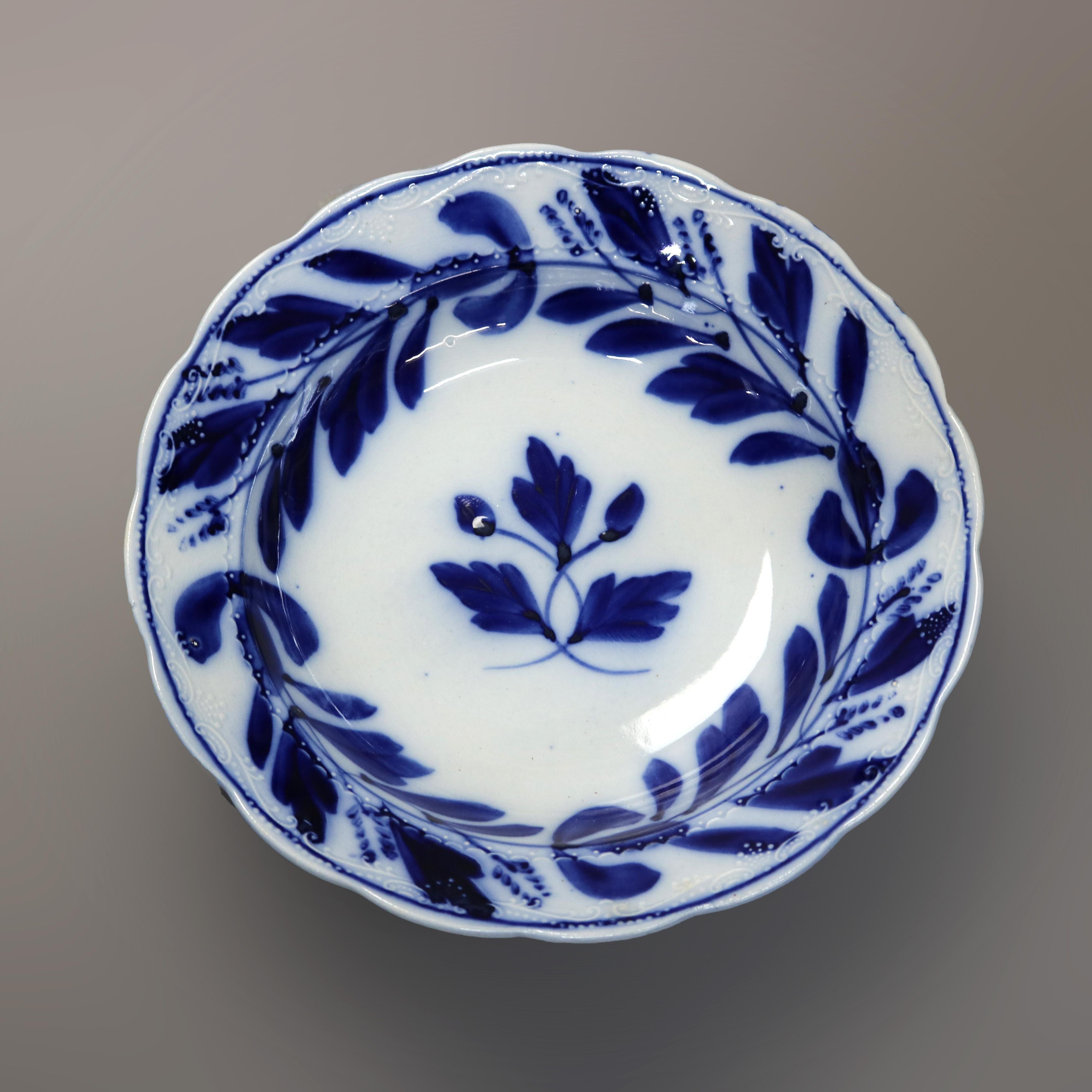 Glazed Three Antique English Davenport Porcelain Flow Blue Bowls, c1850