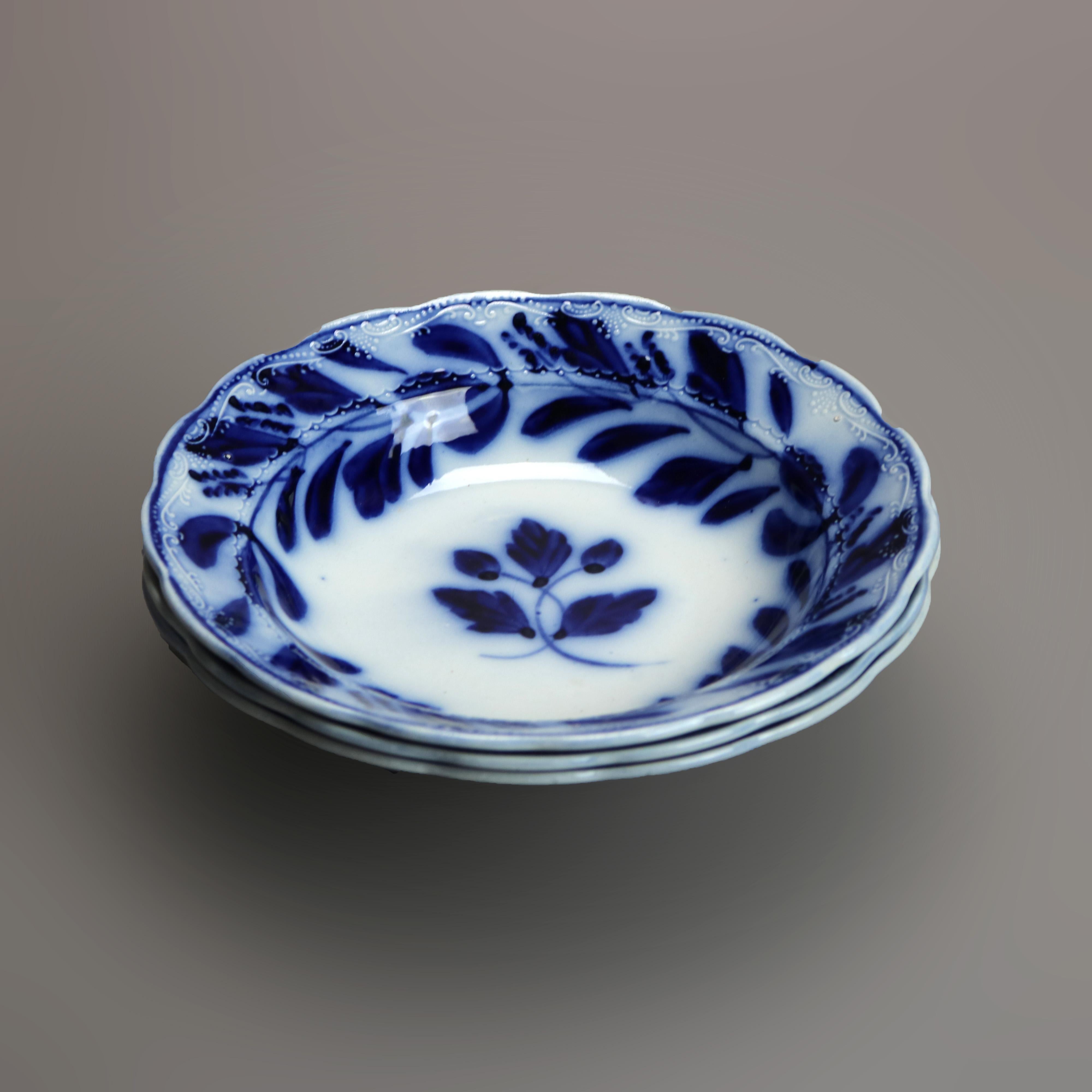 Three Antique English Davenport Porcelain Flow Blue Bowls, c1850 1