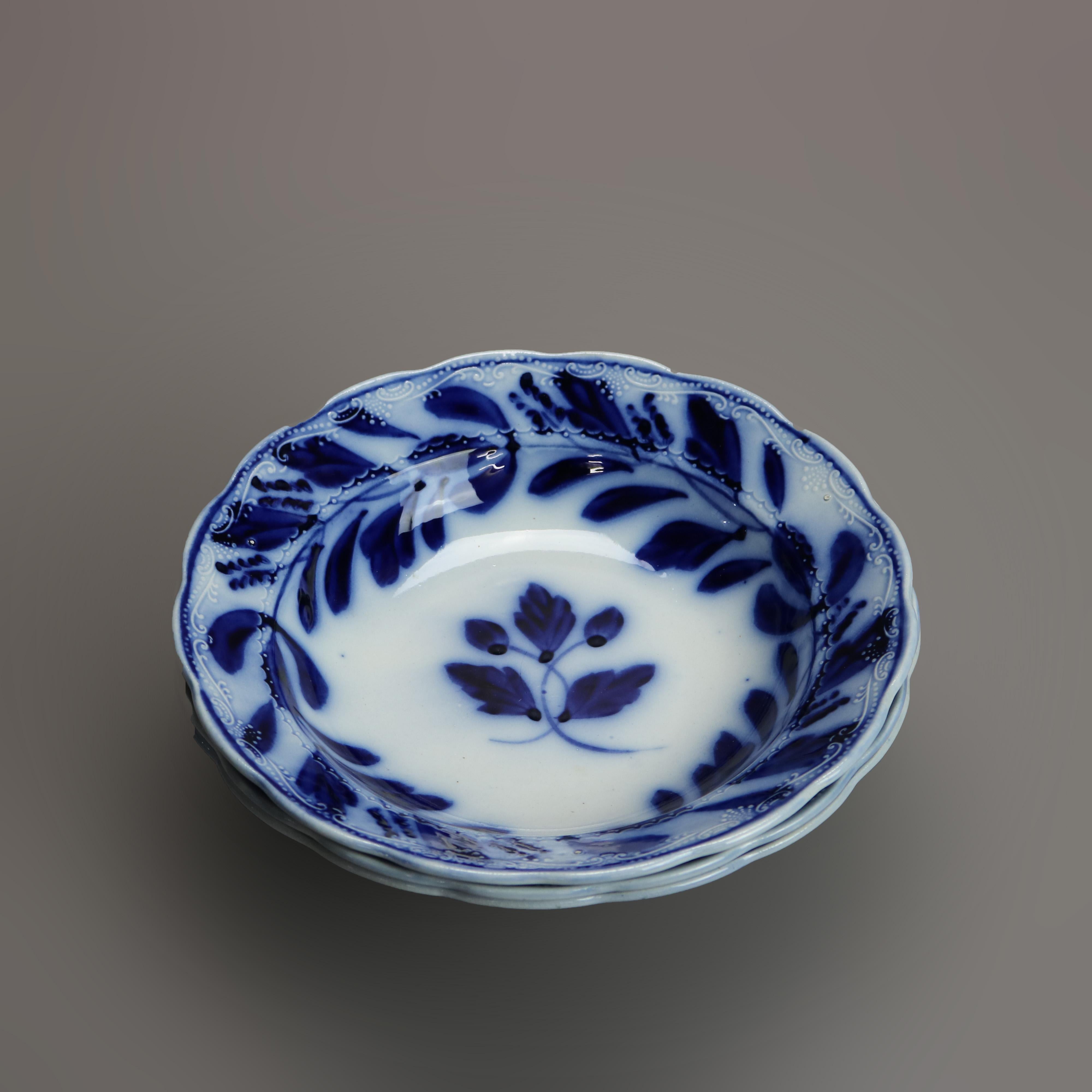Three Antique English Davenport Porcelain Flow Blue Bowls, c1850 2