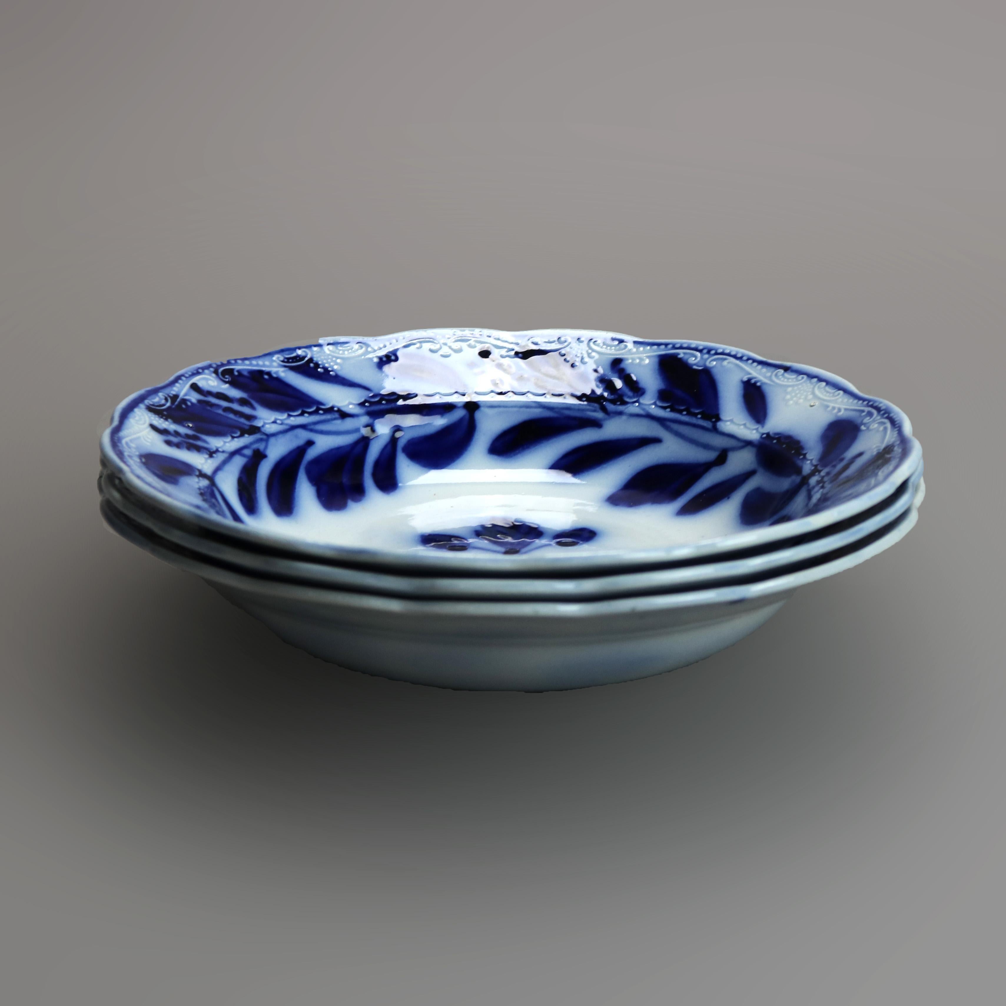 Three Antique English Davenport Porcelain Flow Blue Bowls, c1850 3