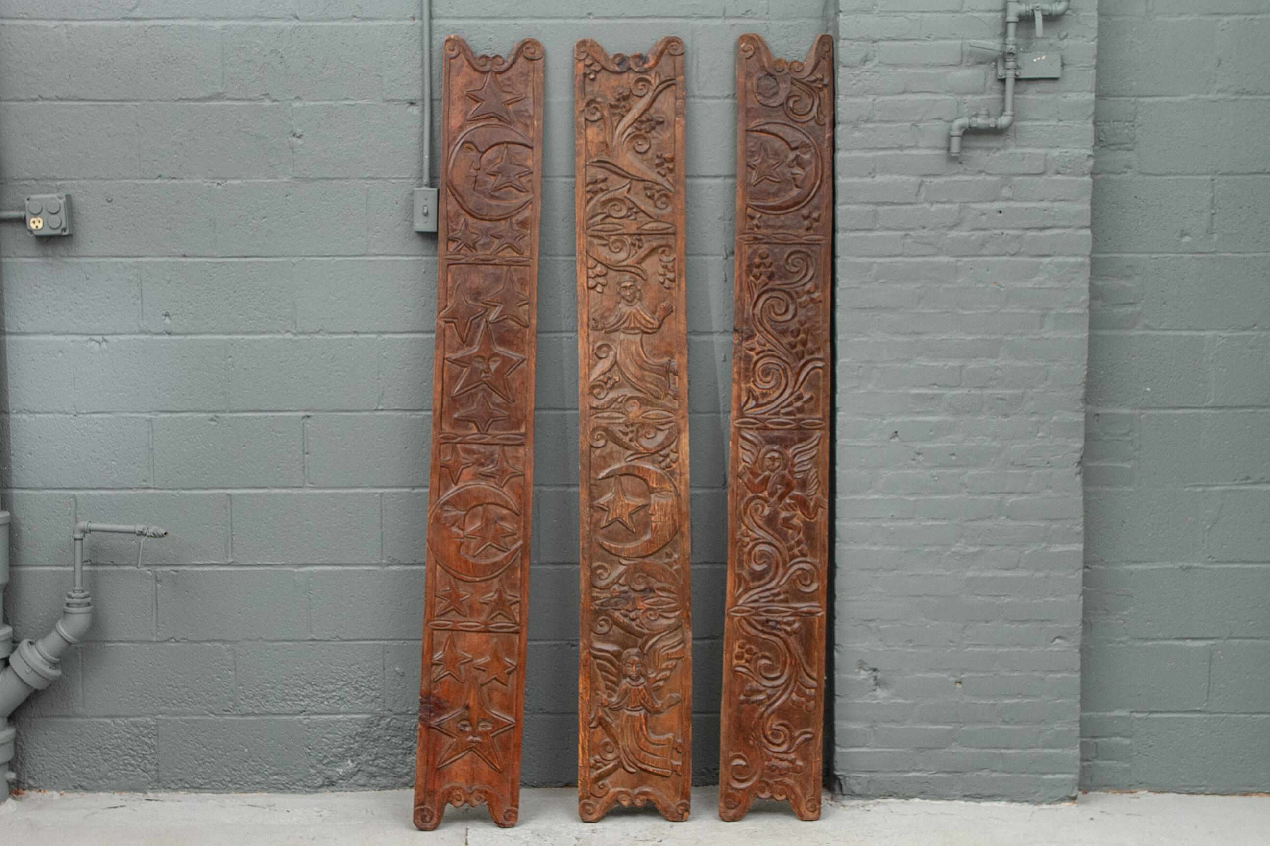 Three Antique Folk Art Carved Wood Panels 1