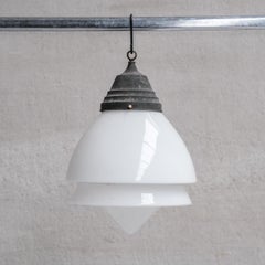 Three Antique French Large Opaline Glass Pendant Lights