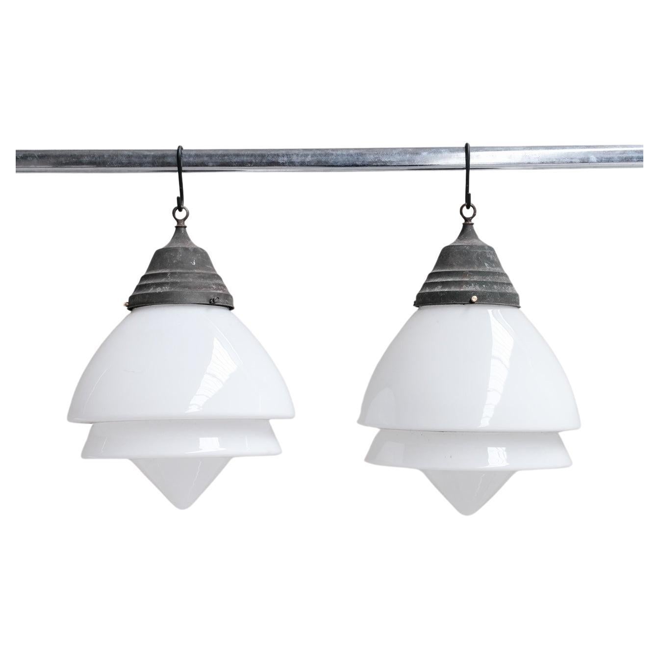 Three Antique French Large Opaline Glass Pendant Lights For Sale