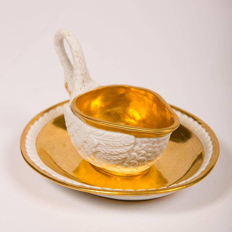 Three Antique French Gravy Boats White and Gold Swans Made Circa 1860