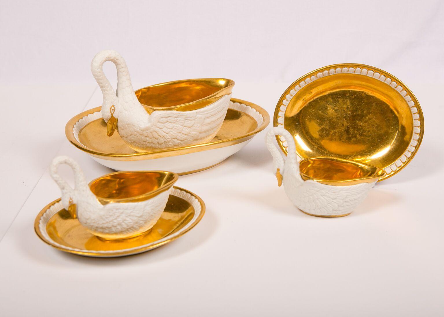 19th Century Three Antique French Gravy Boats White and Gold Swans Made Circa 1860