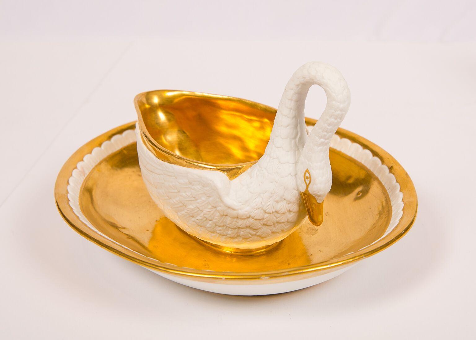 Porcelain Three Antique French Gravy Boats White and Gold Swans Made Circa 1860