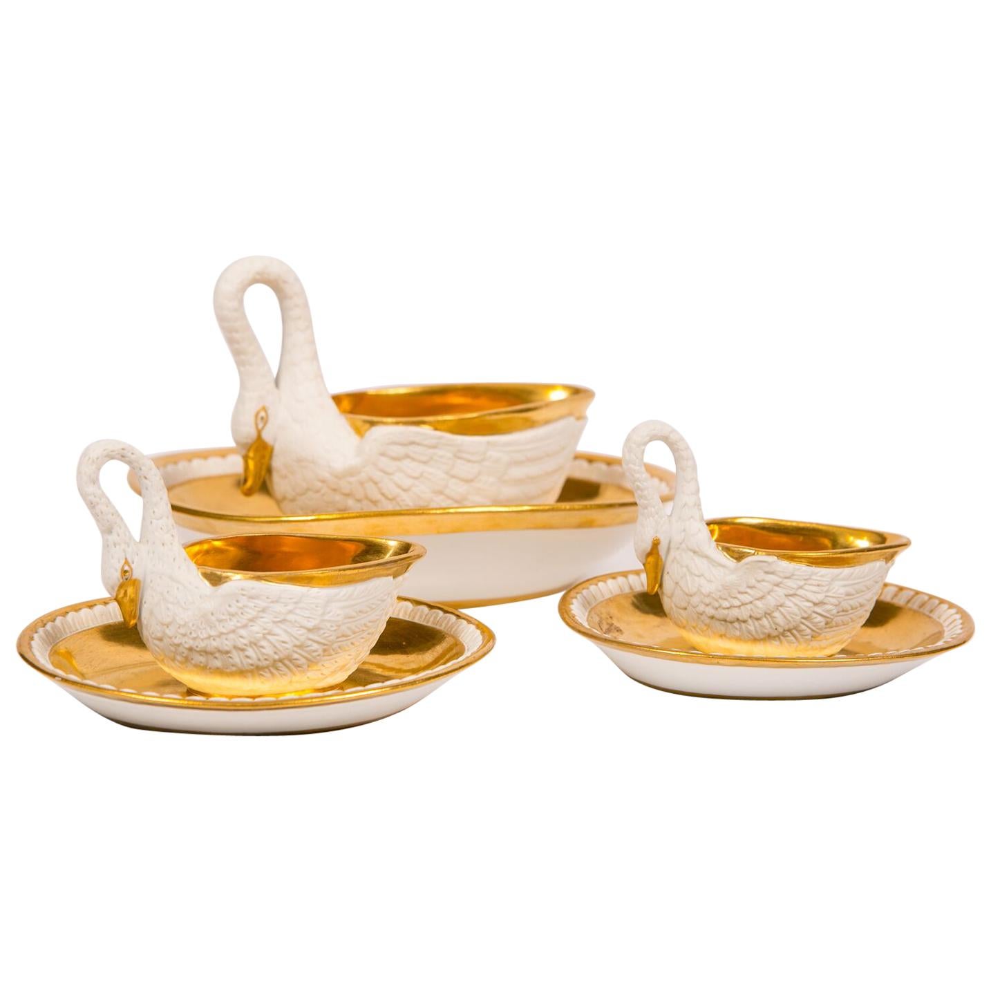 Three Antique French Gravy Boats White and Gold Swans Made Circa 1860