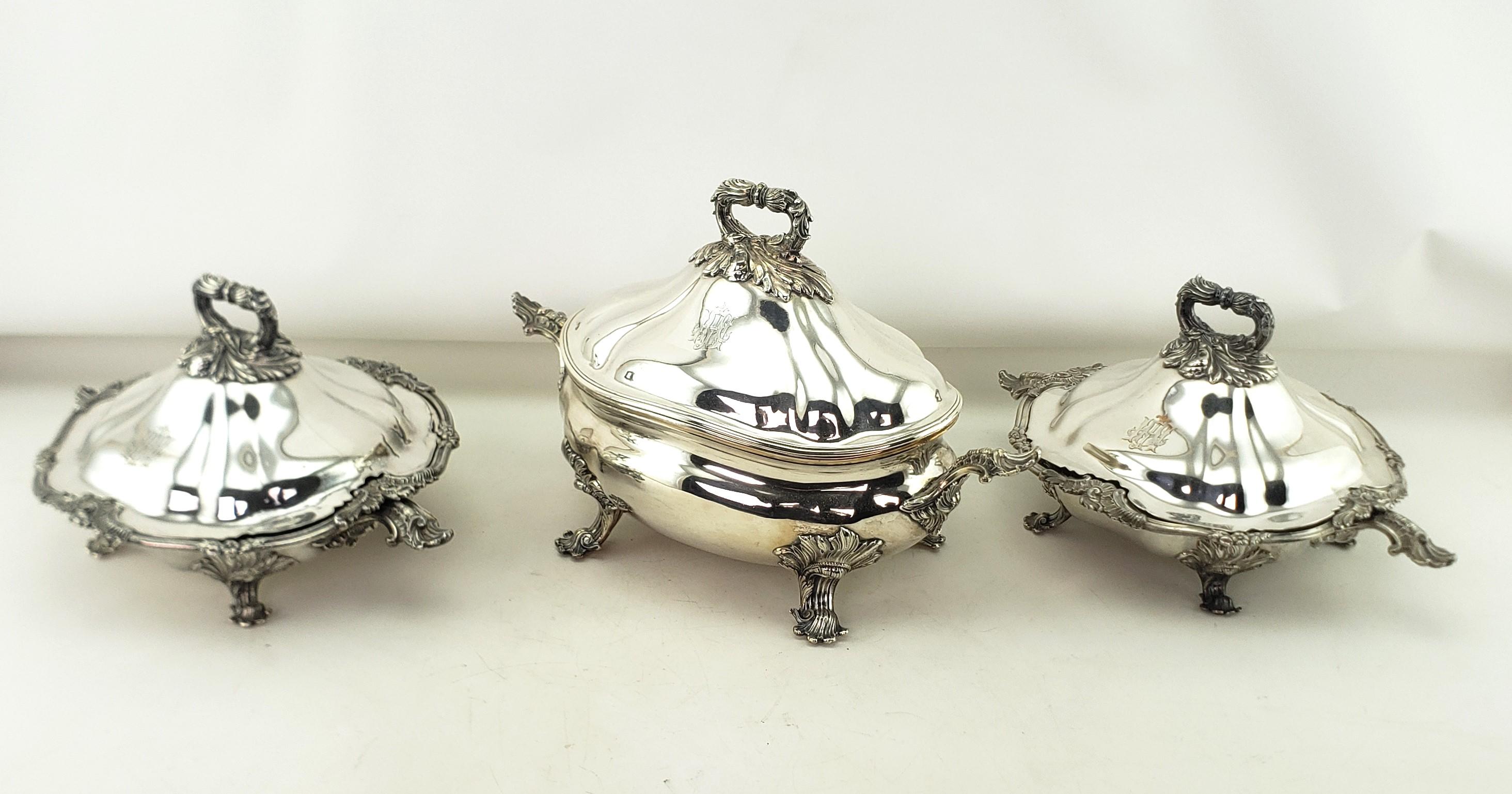English Three Antique Georgian Sheffield Plated Covered Tureens with Floral Decoration For Sale
