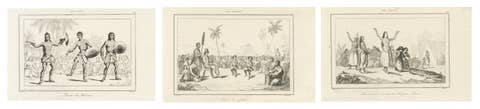 Three Antique Hawaii Engravings – Hula Dance, Native Ceremony & Lamentation 1836