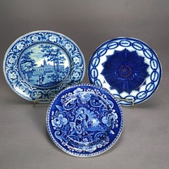 Three Antique Historical Flow Blue Pottery Plates, Clews & Ridgway, 19th C
