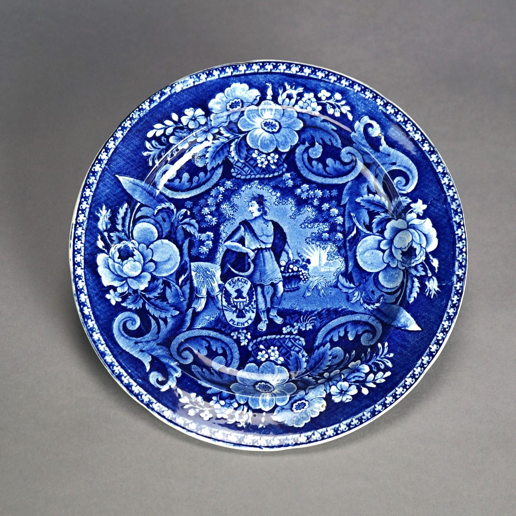 Three Antique Historical Flow Blue Pottery Plates, Clews & Ridgway, 19th C In Good Condition In Big Flats, NY