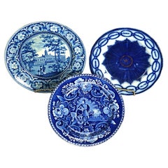 Three Antique Historical Flow Blue Pottery Plates, Clews & Ridgway, 19th C