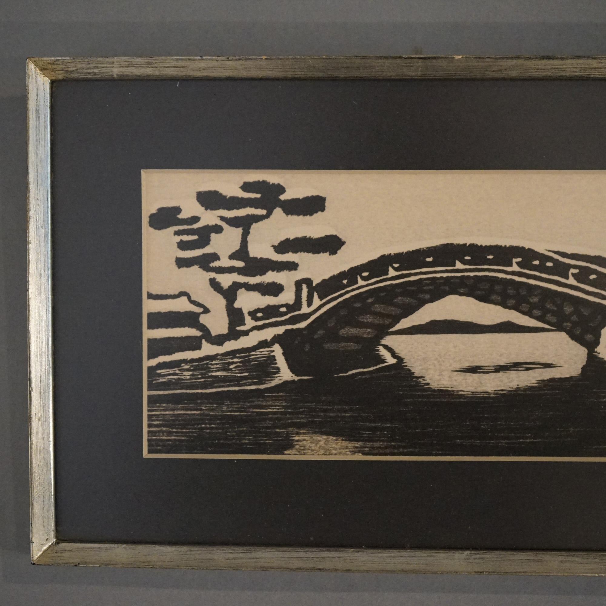 Three Antique Japanese Black & White Prints and One Color Woodblock Print For Sale 4