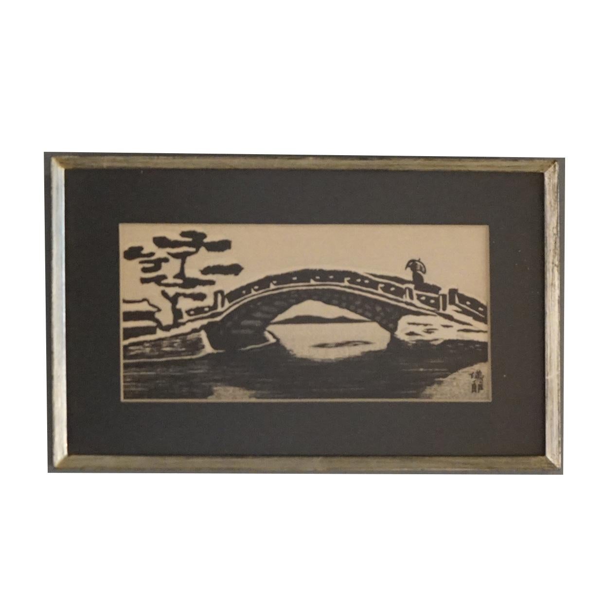 Paper Three Antique Japanese Black & White Prints and One Color Woodblock Print For Sale