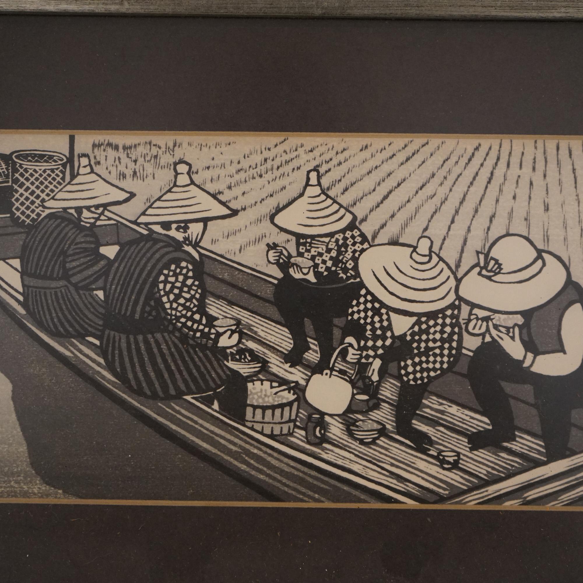 Three Antique Japanese Black & White Prints and One Color Woodblock Print For Sale 2