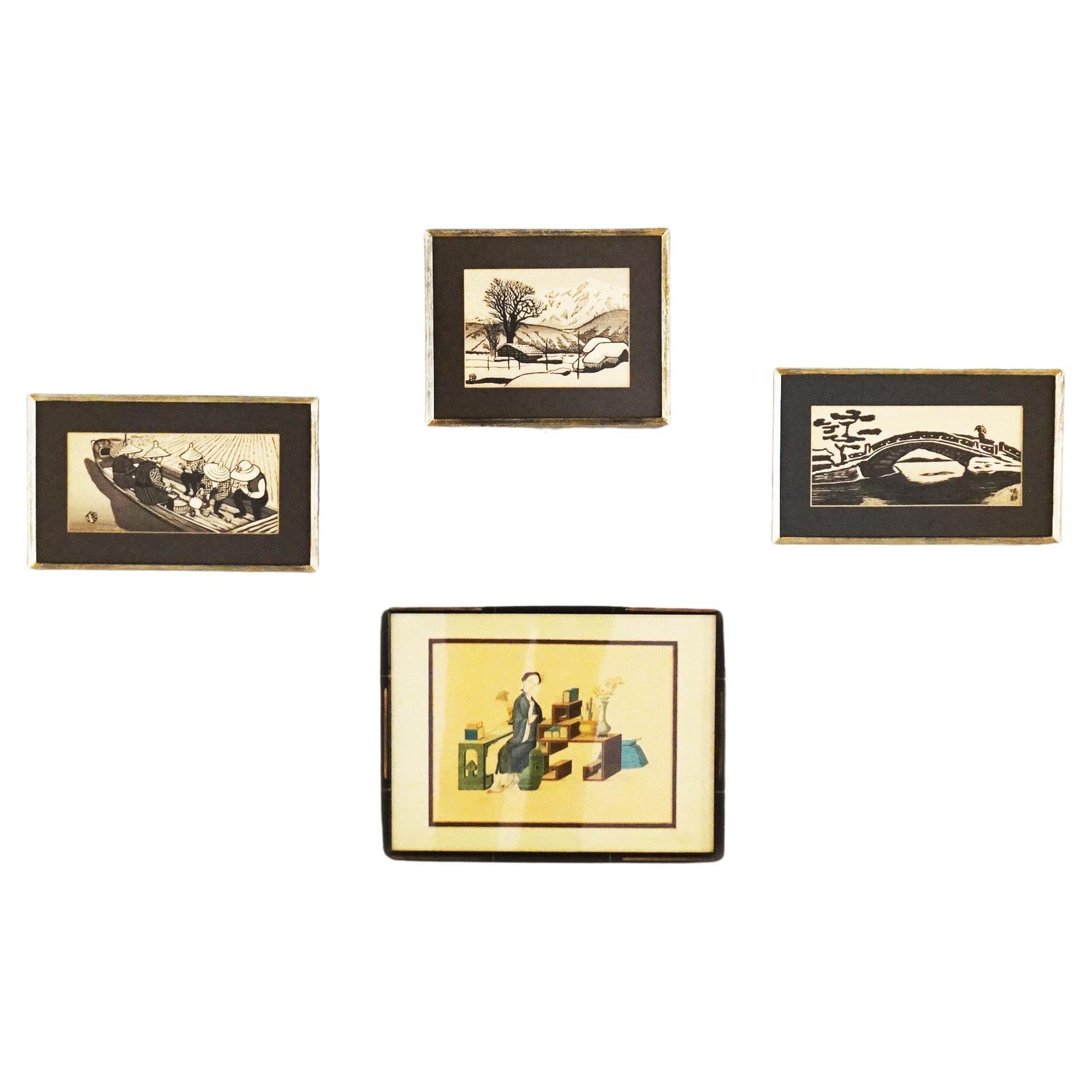 Three Antique Japanese Black & White Prints and One Color Woodblock Print For Sale