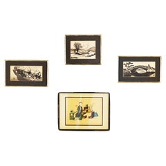 Trois estampes japonaises anciennes en noir et blanc et une gravure sur bois en couleur