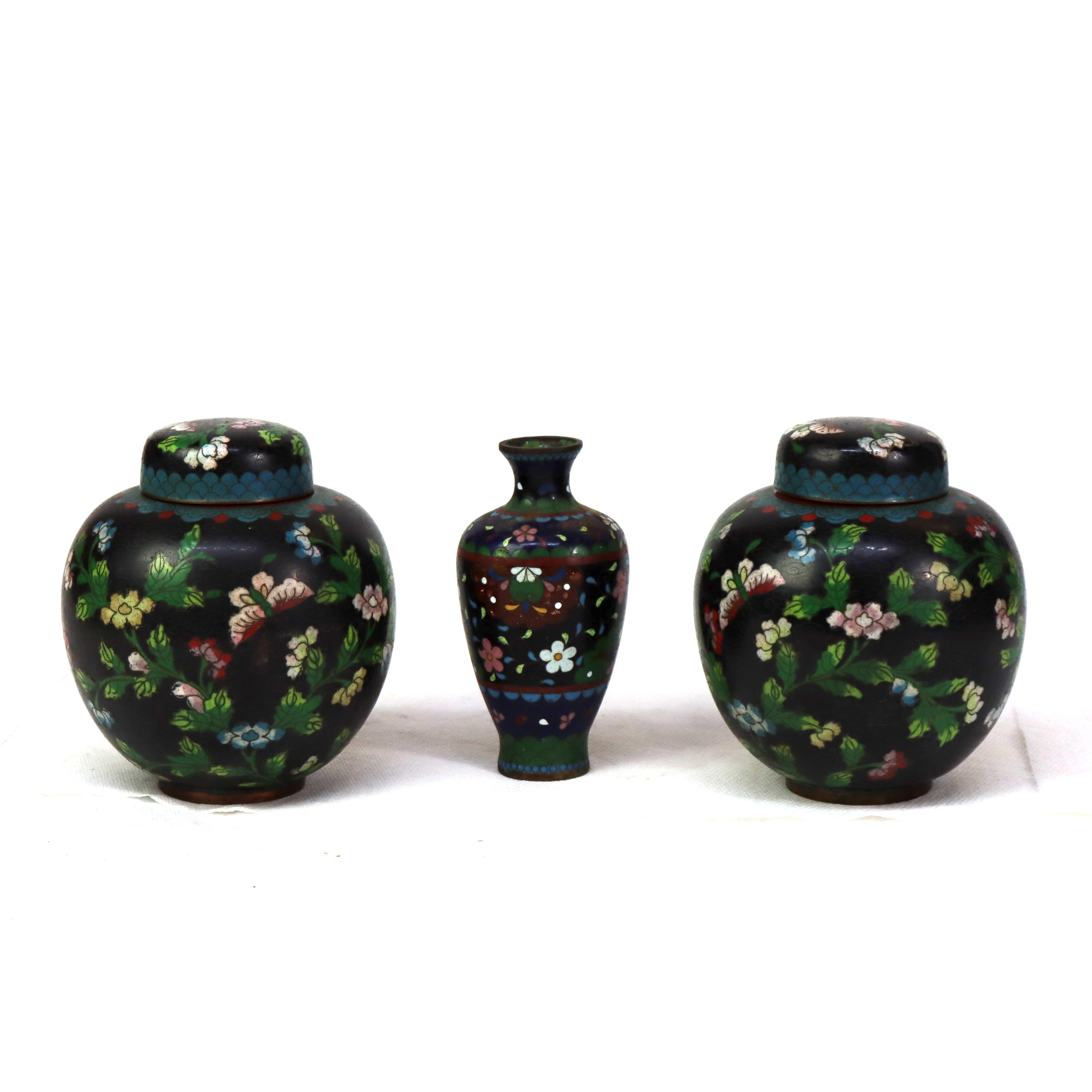 Three Antique Japanese Cloisonne: 2 Ginger Jars & 1 Vase C1920
Measures -  4 5/8