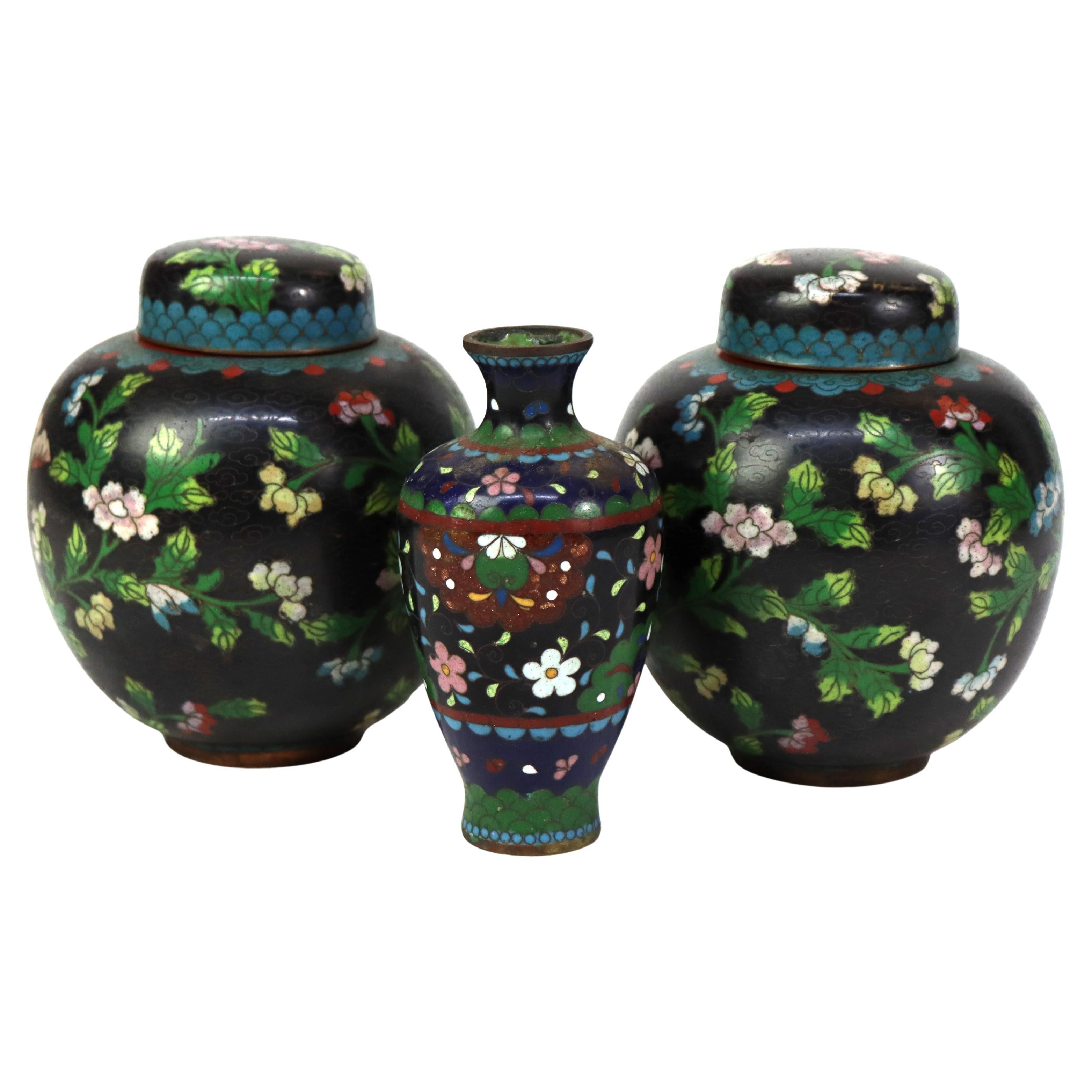 Three Antique Japanese Cloisonne: 2 Ginger Jars & 1 Vase Unsigned C1920 For Sale