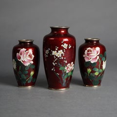 Three Antique Japanese Sato Cloisonne Floral Enameled Vases C1920