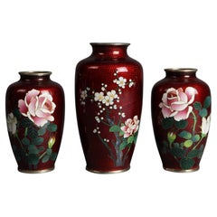 Three Antique Japanese Sato Cloisonne Floral Enameled Vases C1920