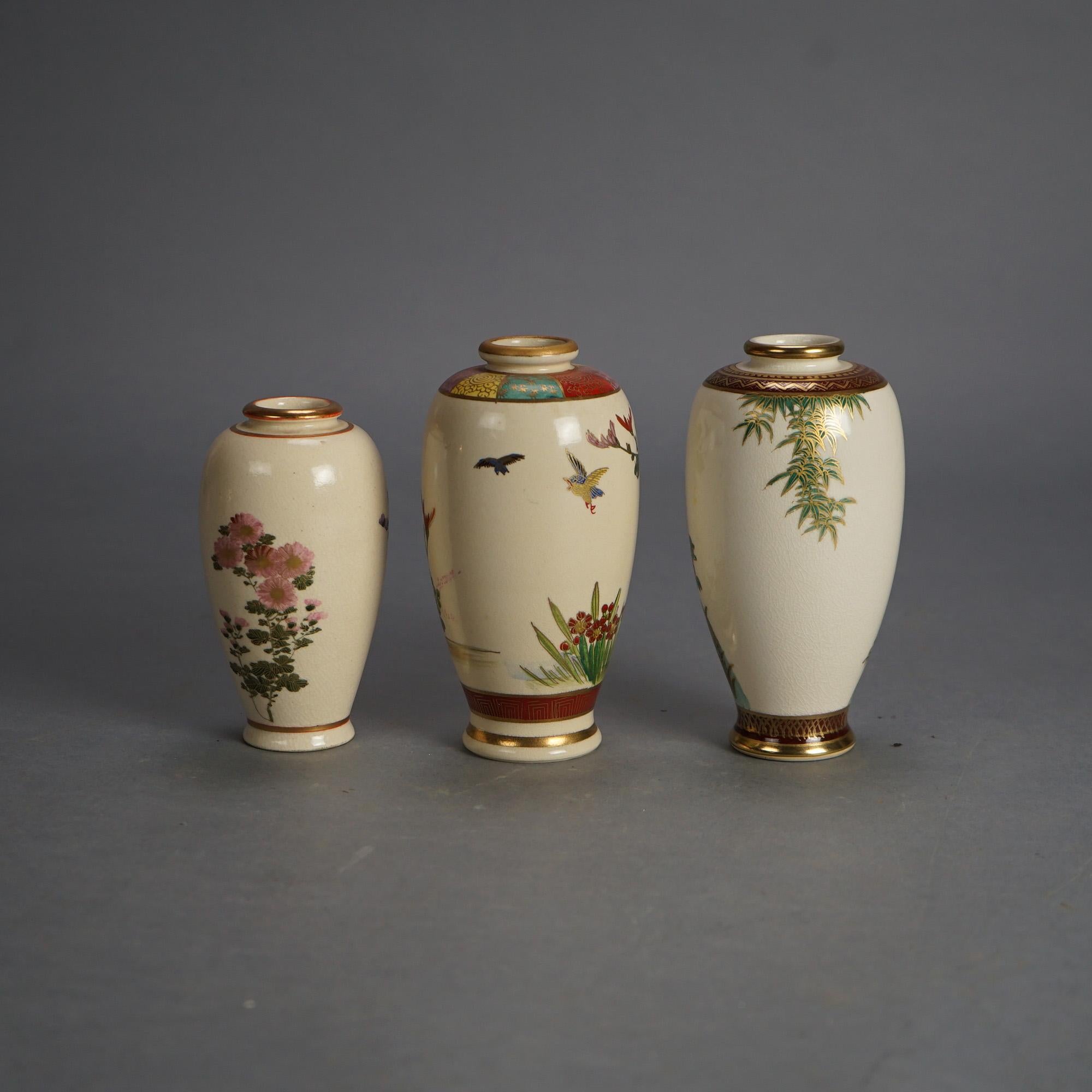 Three Antique Japanese Satsuma Porcelain Vases with Garden Flowers & Gilt C1920 In Good Condition For Sale In Big Flats, NY