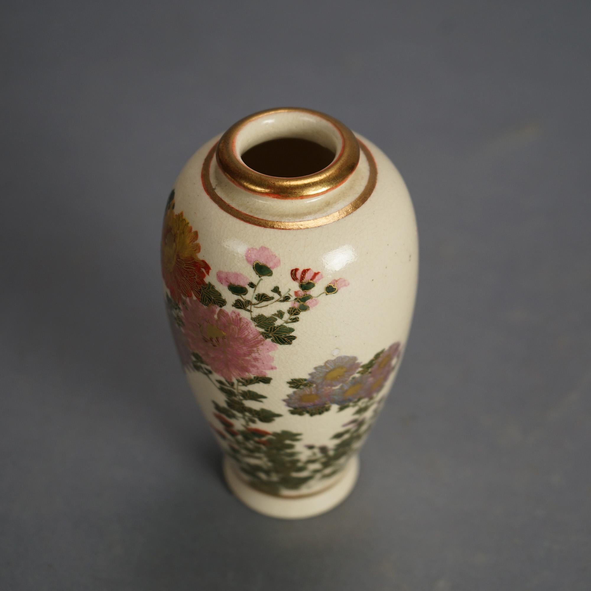 20th Century Three Antique Japanese Satsuma Porcelain Vases with Garden Flowers & Gilt C1920 For Sale