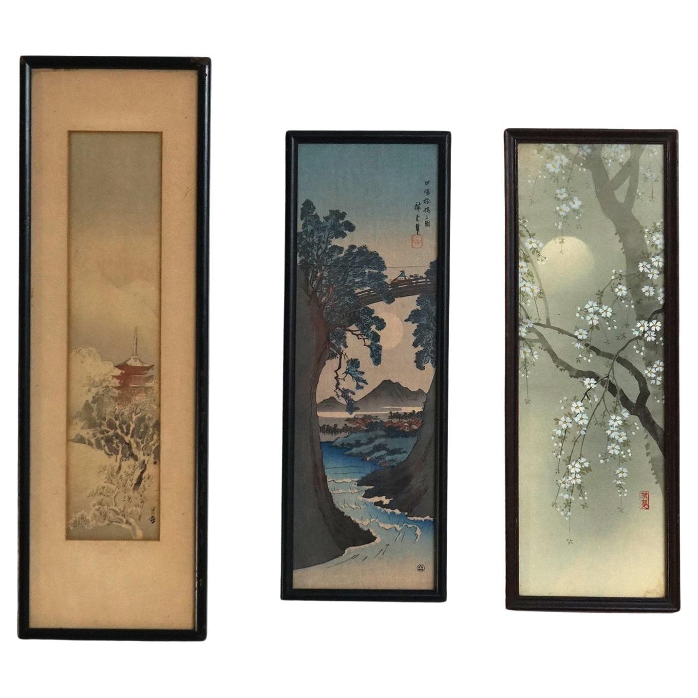 Trois anciennes estampes japonaises de paysages en bois datant de 1920 en vente