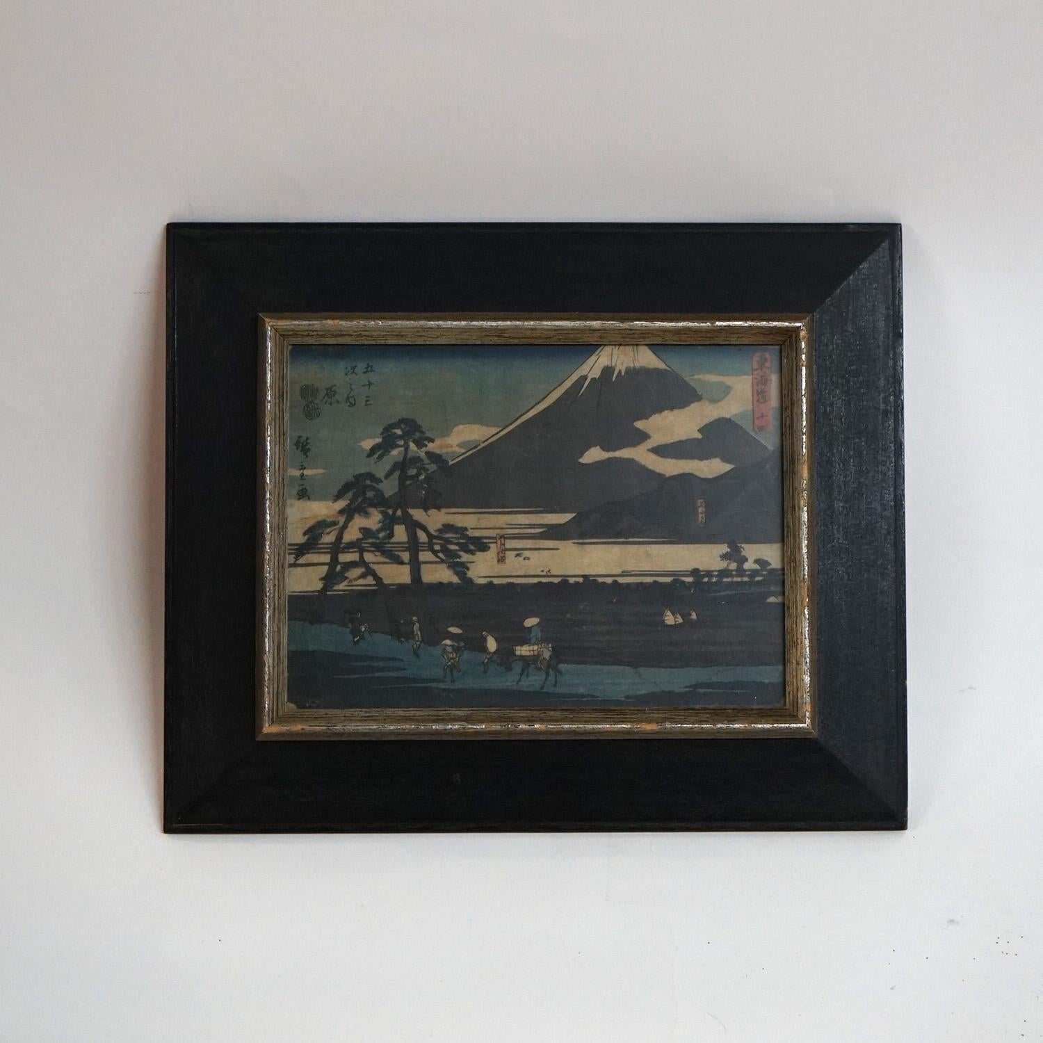 Three Antique Japanese Woodblock Prints - Genre, Mt Fugi & Landscape C1920 In Good Condition For Sale In Big Flats, NY