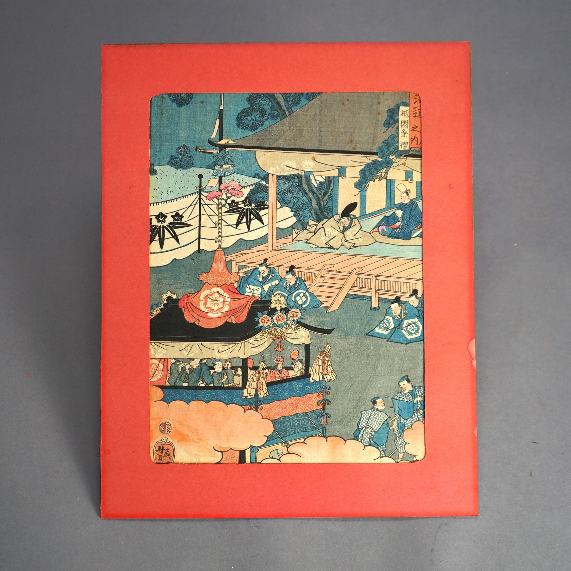Paper Three Antique Japanese Woodblock Prints - Genre, Mt Fugi & Landscape C1920