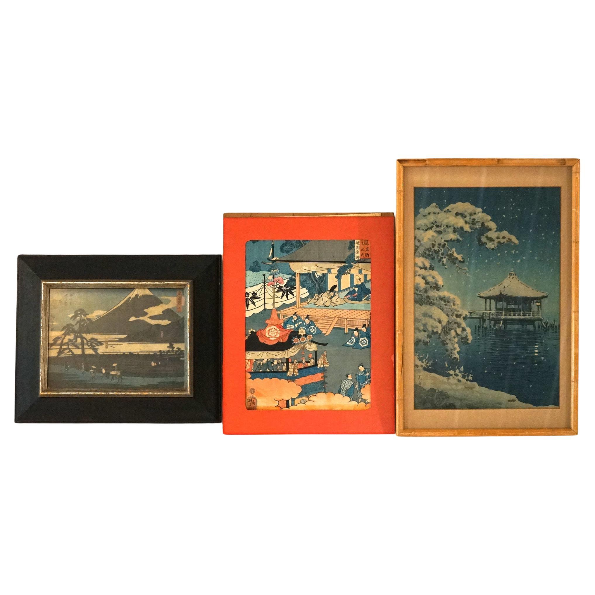 Three Antique Japanese Woodblock Prints - Genre, Mt Fugi & Landscape C1920 For Sale
