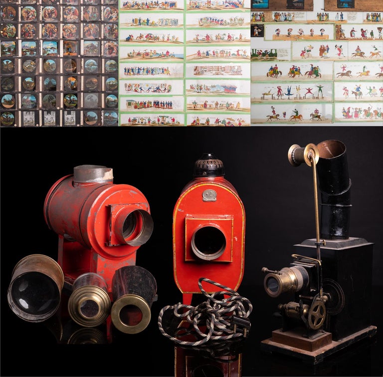 Three Antique Magic Lantern Lamp Slide Projectors and Glass Slides For