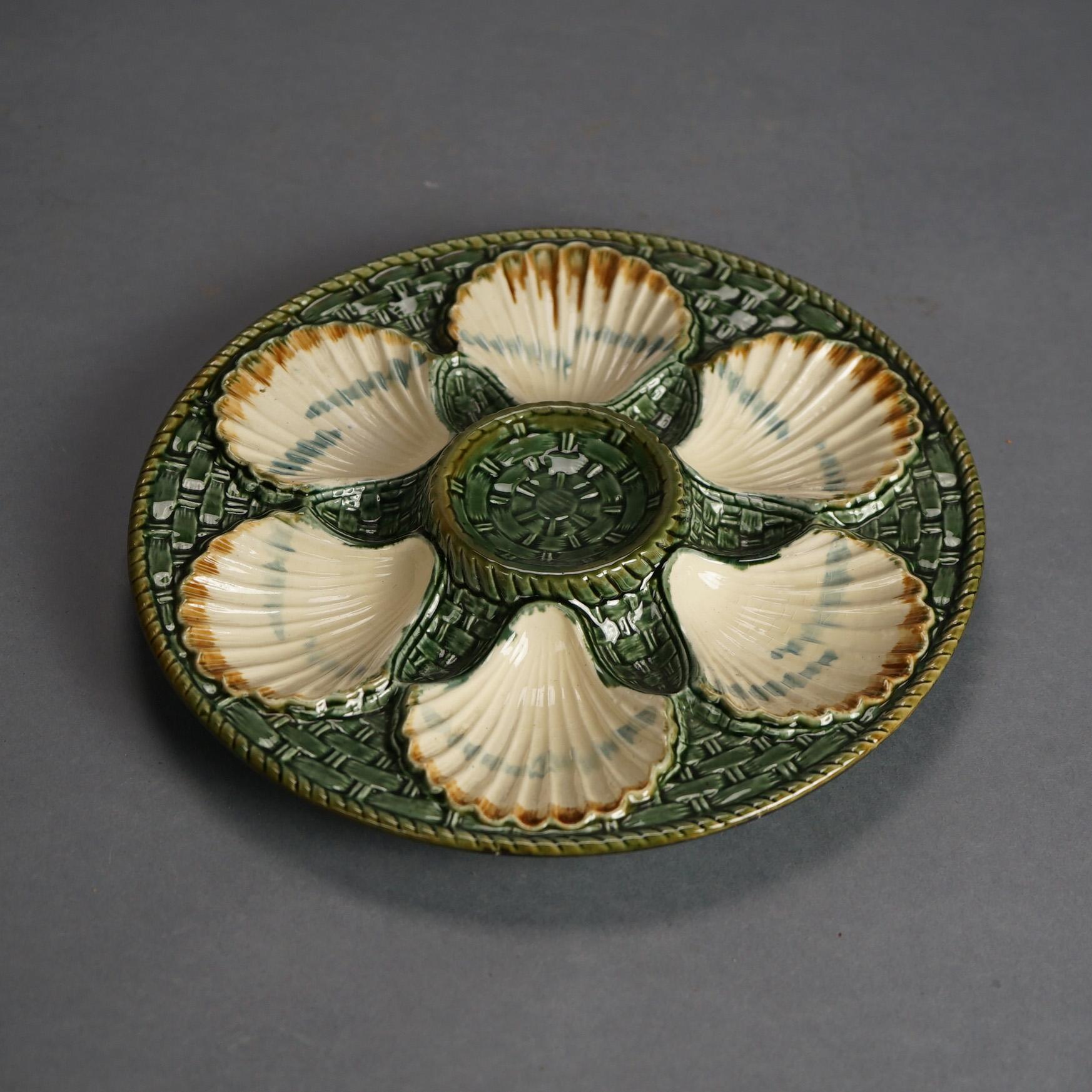 Three Antique Majolica Longham Pottery Clam Plates C1900 In Good Condition For Sale In Big Flats, NY