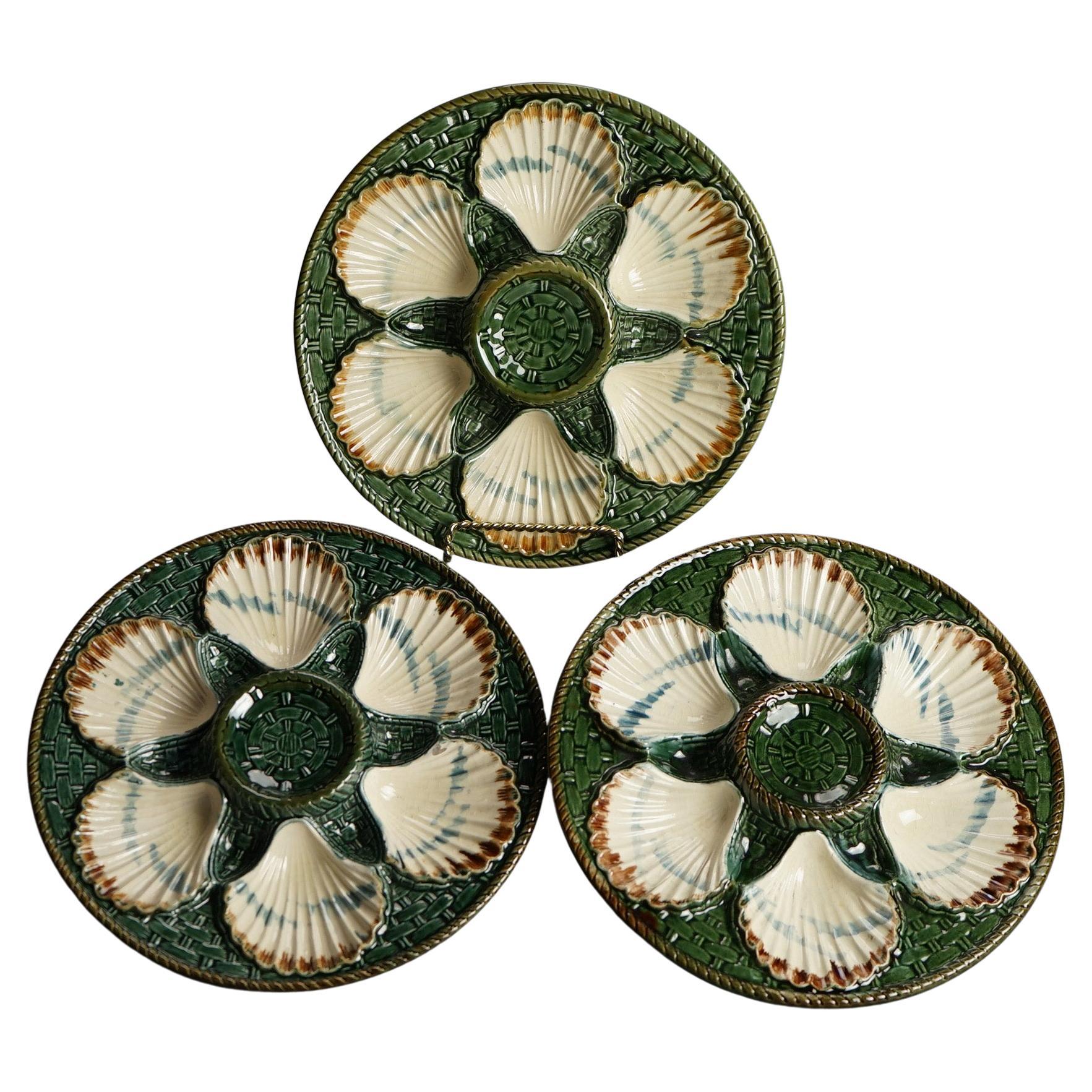 Three Antique Majolica Longham Pottery Clam Plates C1900 For Sale