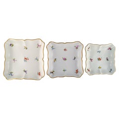 Three Antique Meissen Dishes in Hand-Painted Porcelain with Flowers