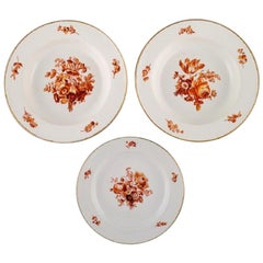 Three Antique Meissen Porcelain Plates with Orange Hand Painted Flowers