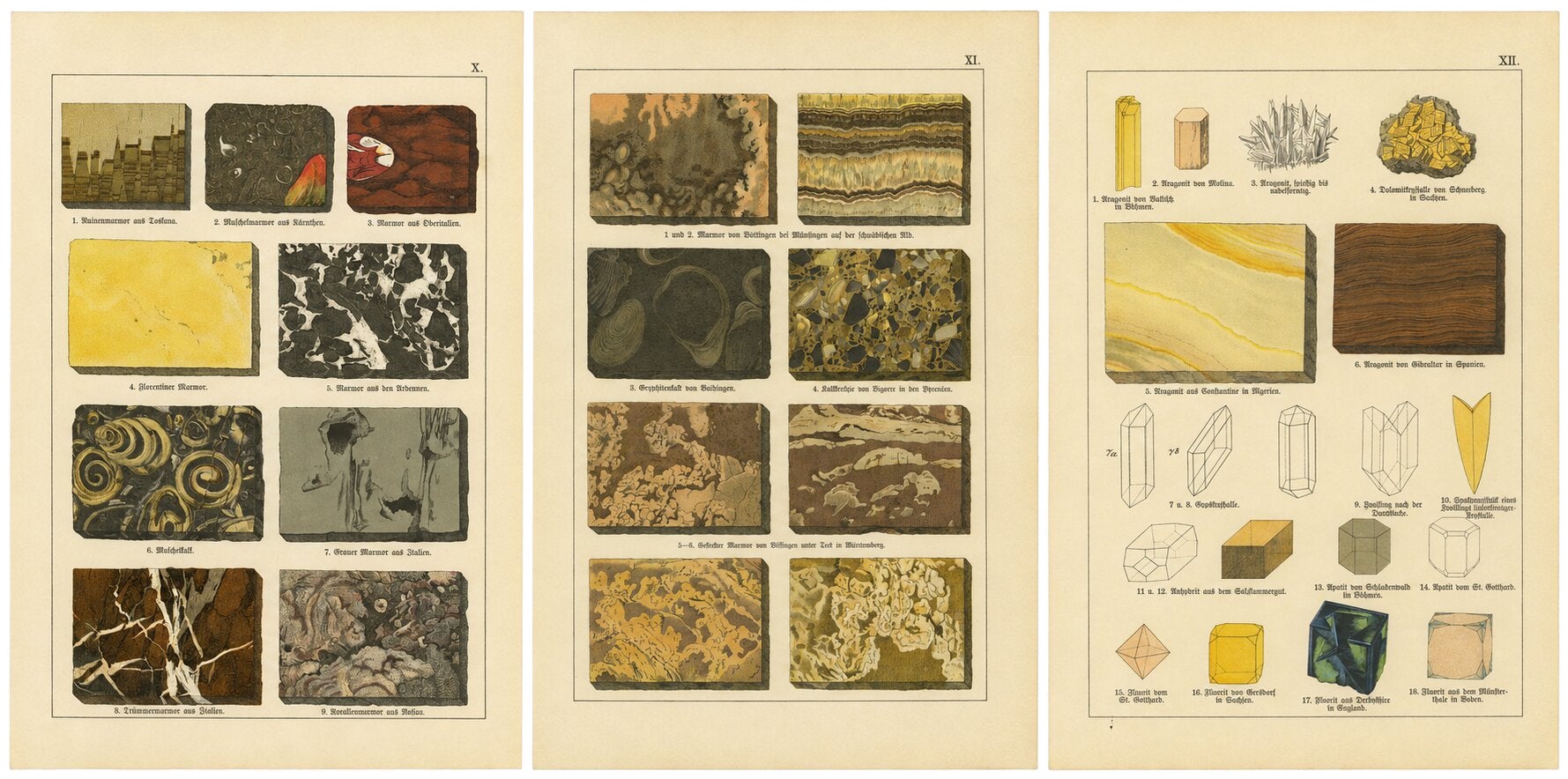 Three Antique Mineralogy Chromolithographs, Marble, Aragonite & Fluorite, 1888