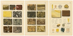 Tres cromolitografías antiguas de mineralogía: mármol, aragonita y fluorita, 1888