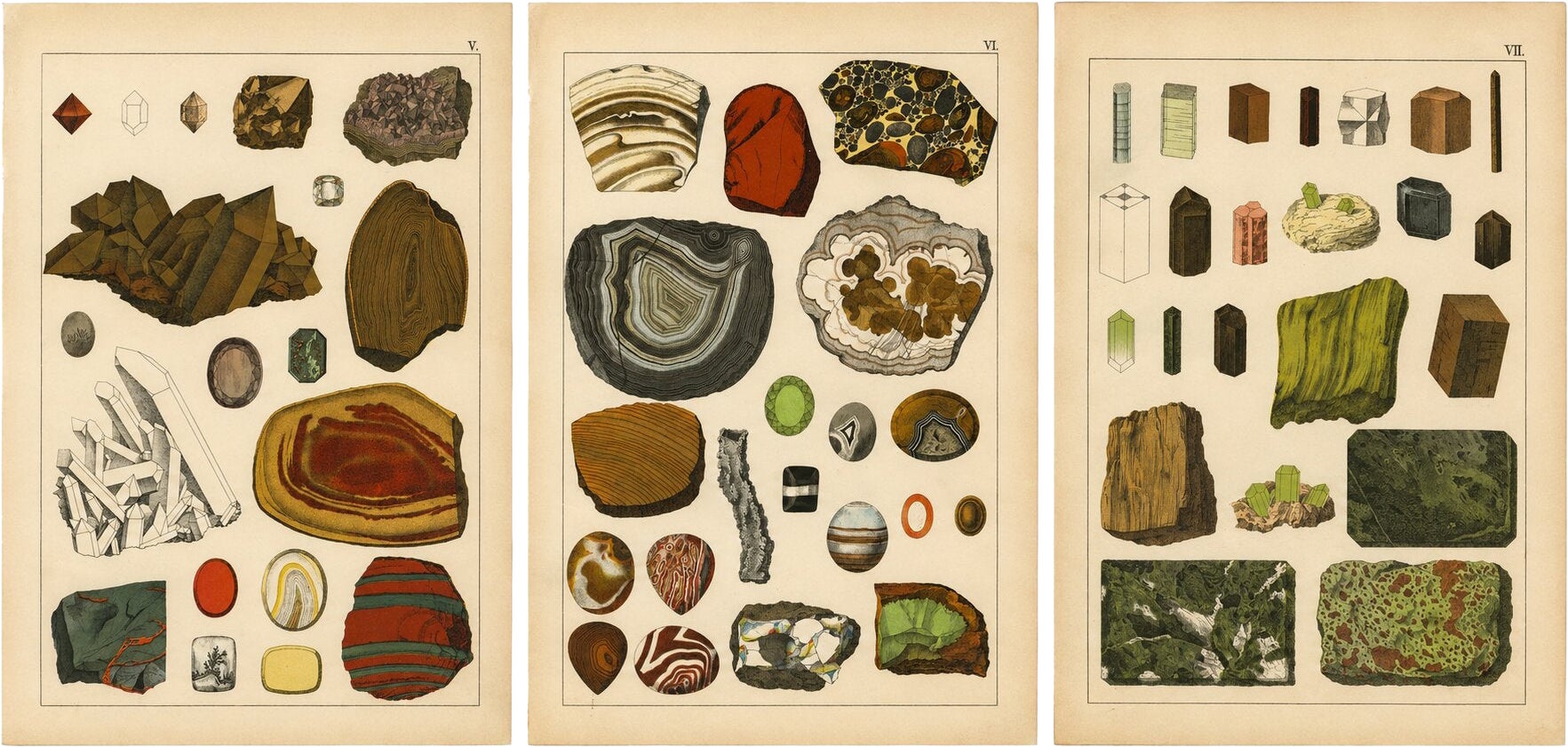Three Antique Mineralogy Chromolithographs, Quartz, Agate & Tourmaline, 1888