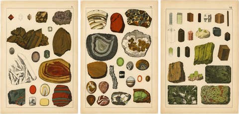 Three Antique Mineralogy Chromolithographs, Quartz, Agate & Tourmaline, 1888