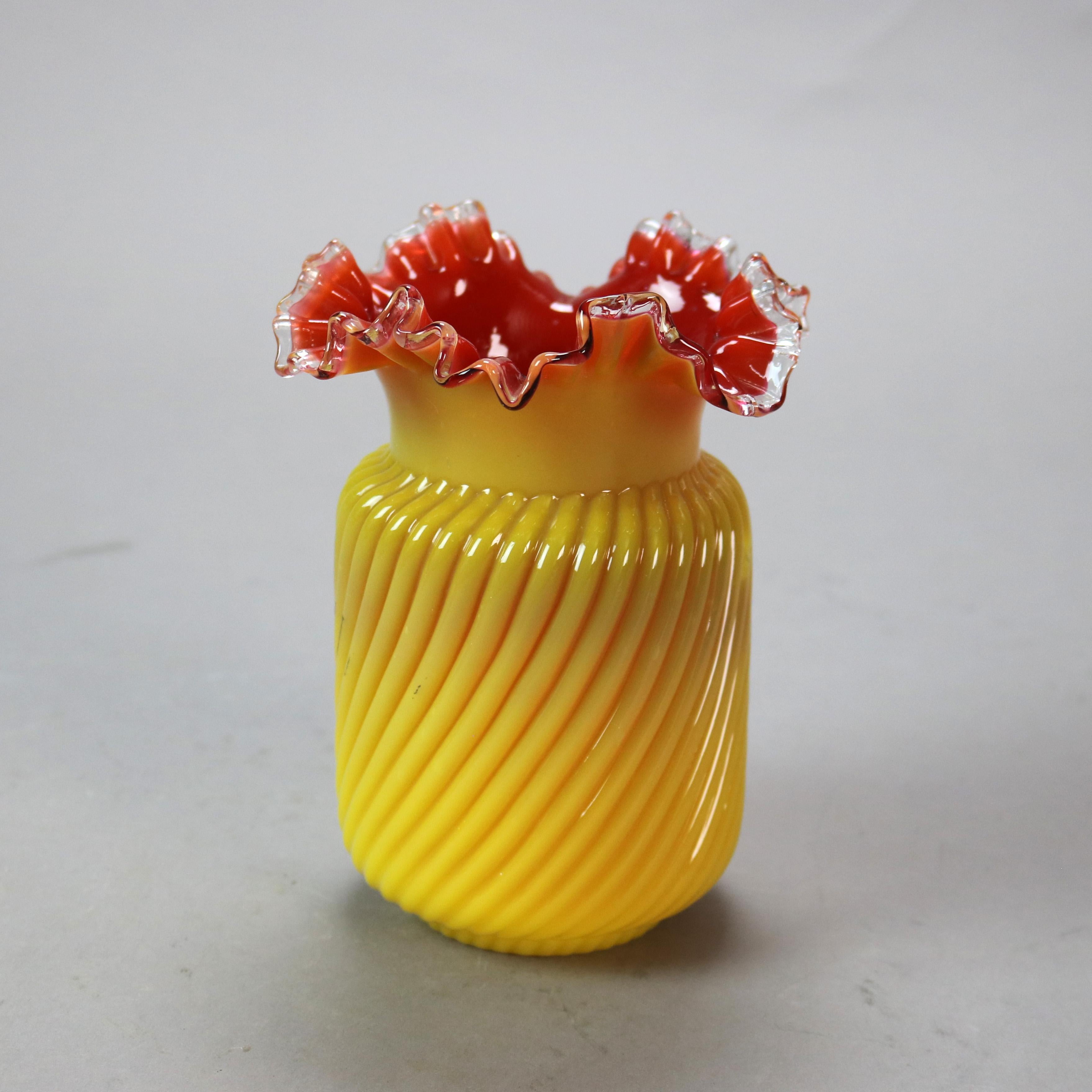 Three Antique Mt. Washington School Butterscotch & Cranberry Art Glass Vessels with Swirled Bodies and Ruffled Rims, c1900

Round Vase - 5 3/4