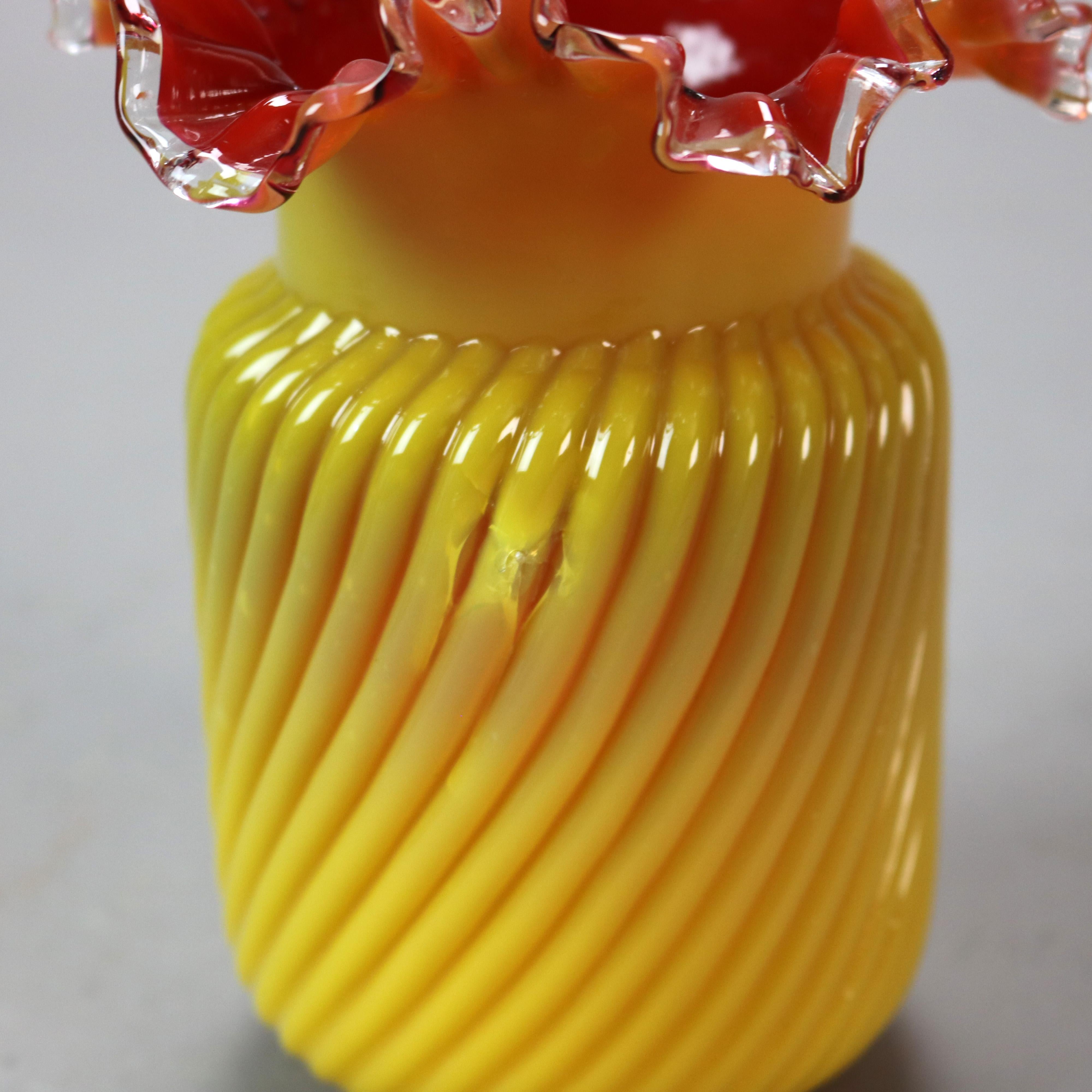 20th Century Three Antique Mt. Washington School Butterscotch & Cranberry Art Glass Vessels