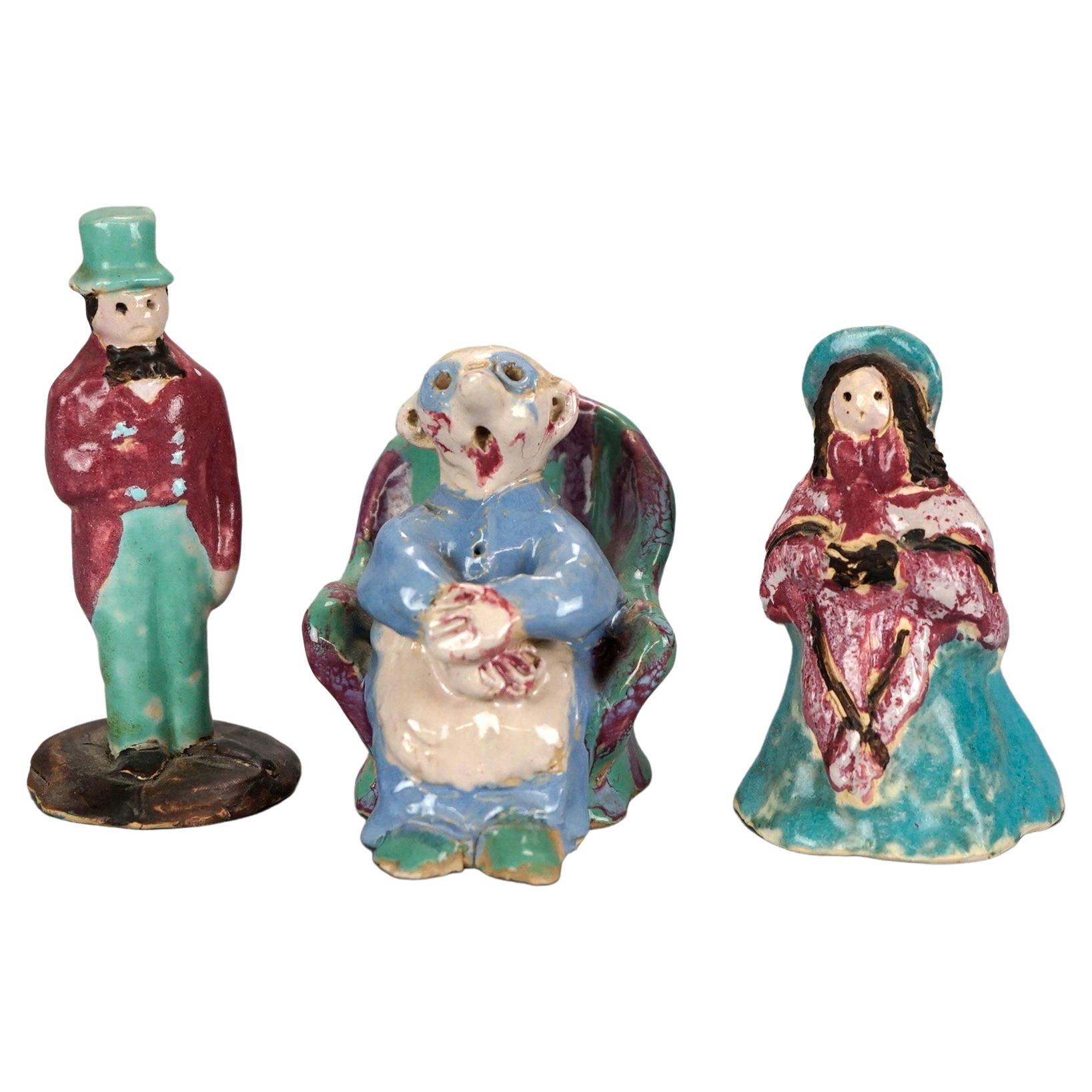 Three Antique Pottery Figurines by Overbeck, Circa 1920