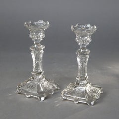 Three Antique Pressed Glass Pieces, Pair of Candlesticks & Candy Dish c1890