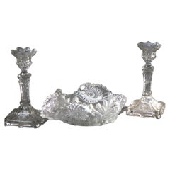 Three Antique Pressed Glass Pieces, Pair of Candlesticks & Candy Dish c1890