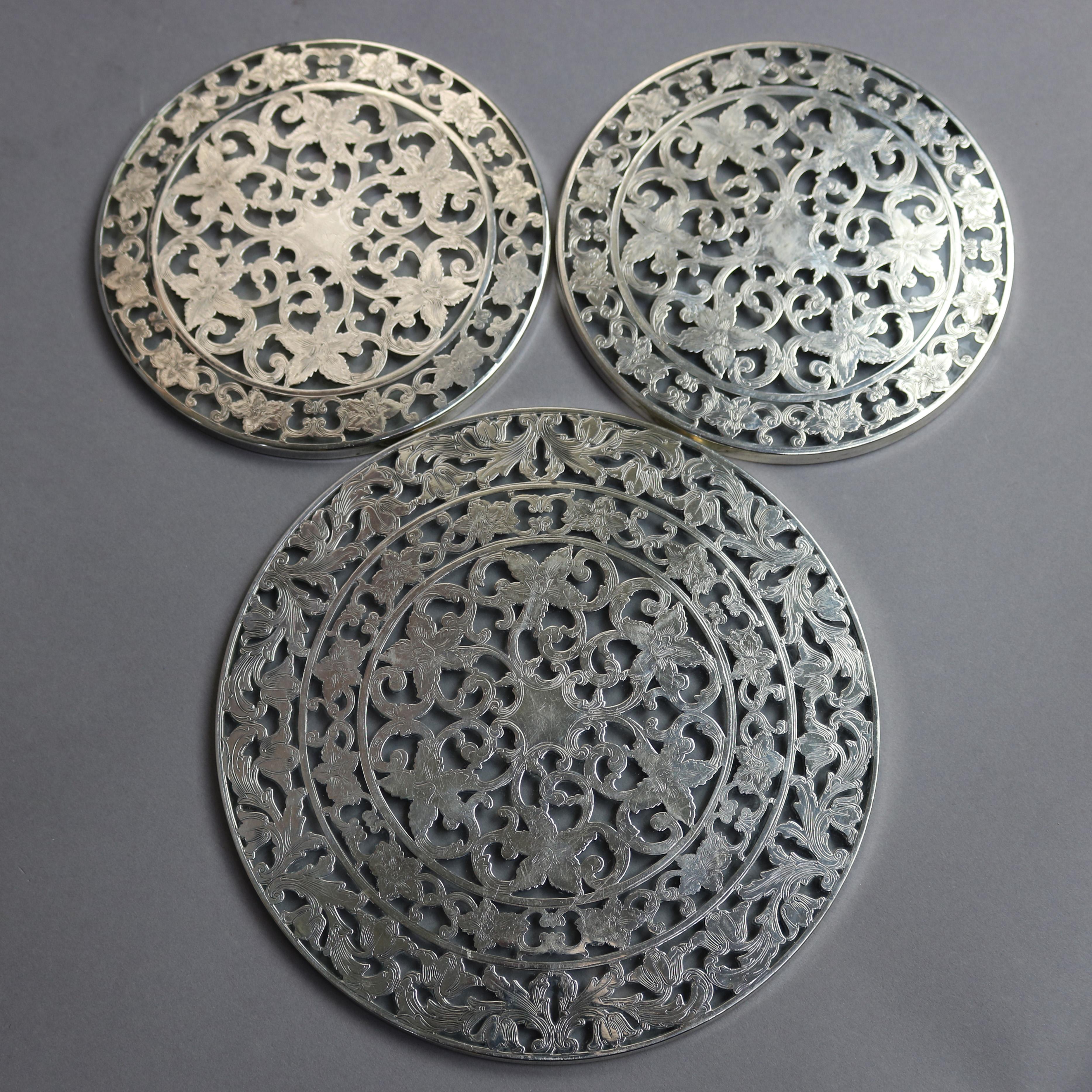 English Three Antique Reticulated Sterling Silver Overlay and Glass Trivets, circa 1890